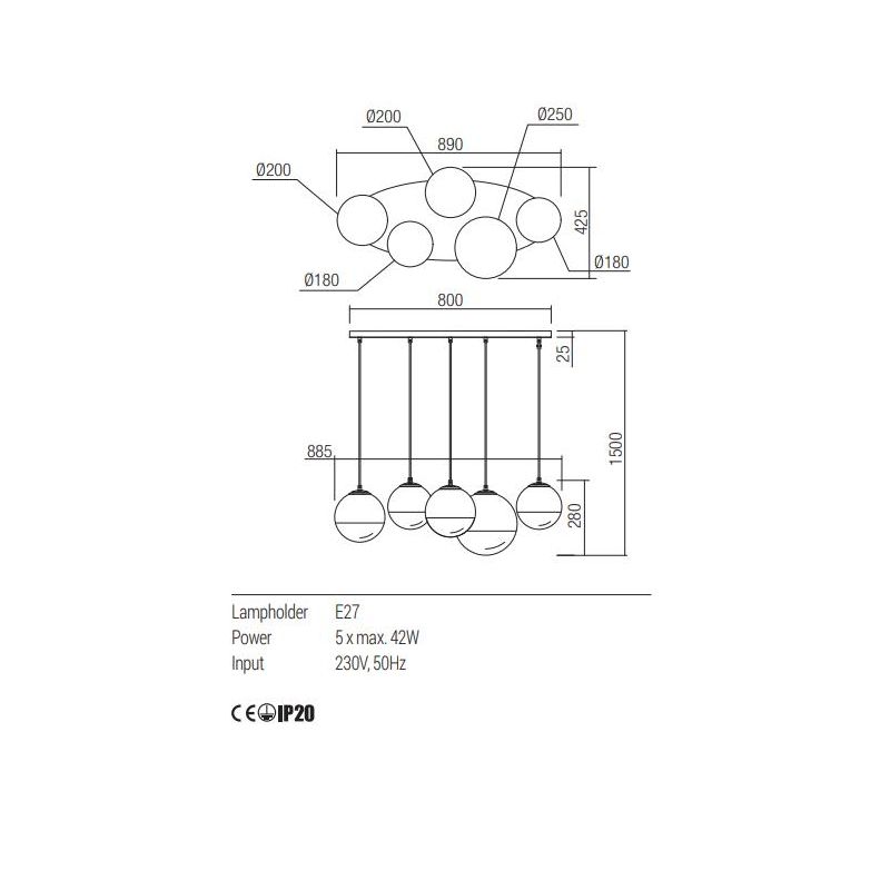 BERRY SOSPENSIONE OVALE 5 LUCI METALLO CROMO O ORO CON SFERE IN VETRO LAMPADINE ATTACCO E27 MODERNA