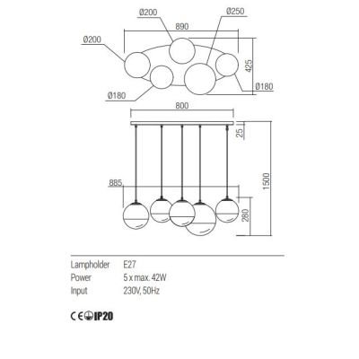 BERRY SOSPENSIONE OVALE 5 LUCI METALLO CROMO O ORO CON SFERE IN VETRO LAMPADINE ATTACCO E27 MODERNA