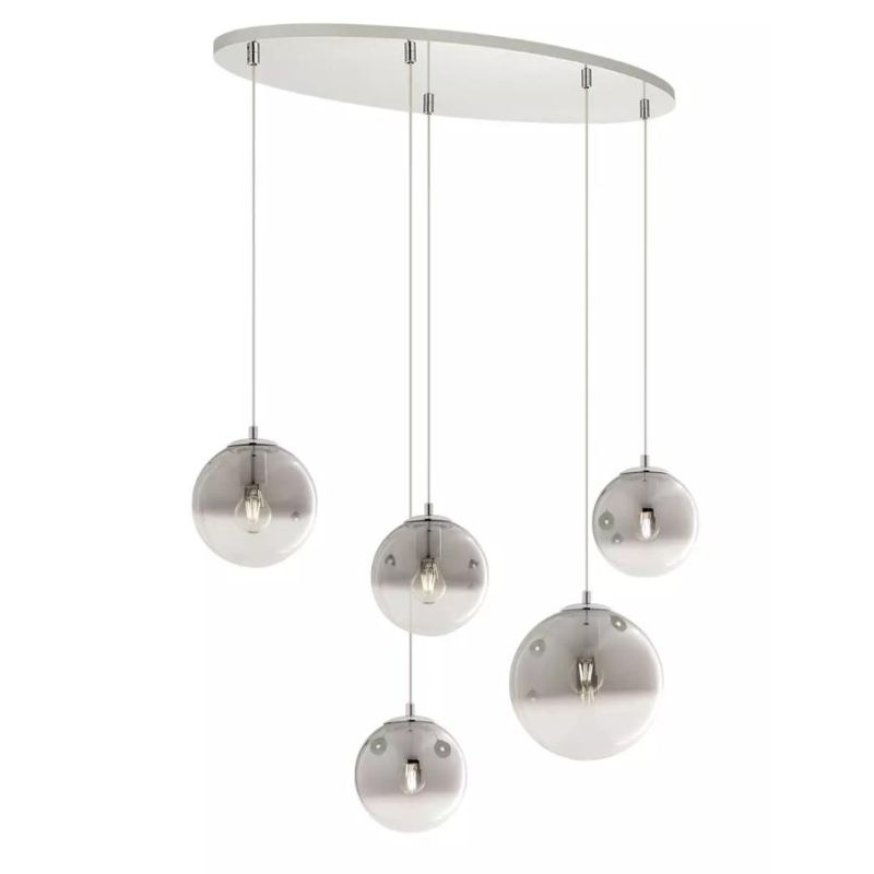 BERRY SOSPENSIONE OVALE 5 LUCI METALLO CROMO O ORO CON SFERE IN VETRO LAMPADINE ATTACCO E27 MODERNA