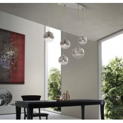 BERRY SOSPENSIONE OVALE 5 LUCI METALLO CROMO O ORO CON SFERE IN VETRO LAMPADINE ATTACCO E27 MODERNA