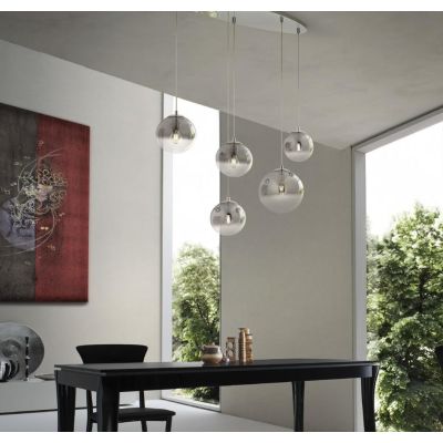 BERRY SOSPENSIONE OVALE 5 LUCI METALLO CROMO O ORO CON SFERE IN VETRO LAMPADINE ATTACCO E27 MODERNA