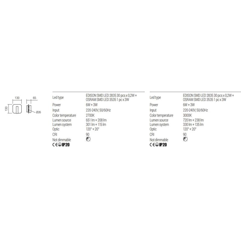 QUDA APPLIQUE QUADRATA CON LUCE ORIENTABILE LED 6W+3W LUCE 2700K O 3000K IN ALLUMINIO 5 COLORI MODERNA