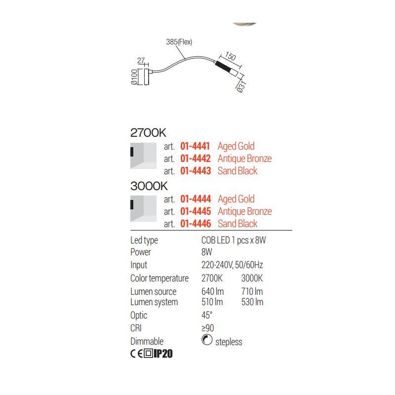 DRILL APPLIQUE CON BRACCIO FLESSIBILE LED 8W LUCE 2700K O 3000K DIMMERABILE ALLUMINIO 3 COLORI MODERNA