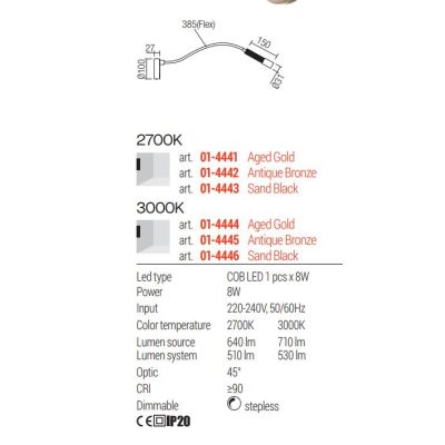 DRILL APPLIQUE CON BRACCIO FLESSIBILE LED 8W LUCE 2700K O 3000K DIMMERABILE ALLUMINIO 3 COLORI MODERNA