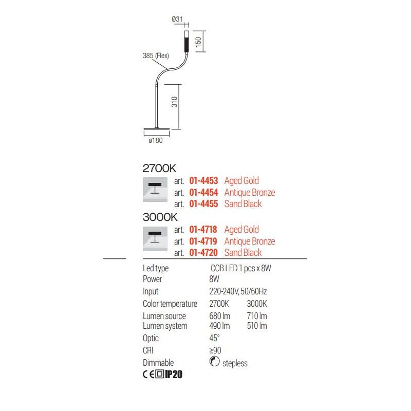 DRILL LAMPADA DA TAVOLO CON BRACCIO FLESSIBILE LED 8W LUCE 2700K O 3000K DIMMERABILE 3 COLORI MODERNA