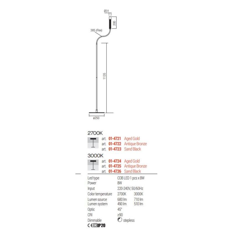 DRILL PIANTANA 3 COLORI CON BRACCIO FLESSIBILE LED 8W LUCE 2700K O 3000K DIMMERABILE MODERNA
