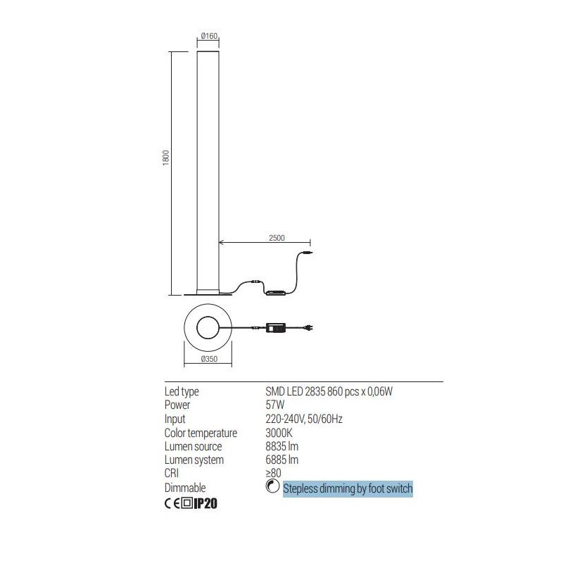 PILON PIANTANA TUBOLARE H180 CM IN METALLO BIANCO LED 57W LUCE 3000K DIMMERABILE DESIGN MODERNO