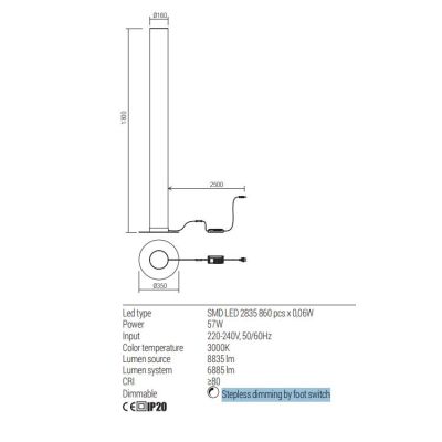 PILON PIANTANA TUBOLARE H180 CM IN METALLO BIANCO LED 57W LUCE 3000K DIMMERABILE DESIGN MODERNO