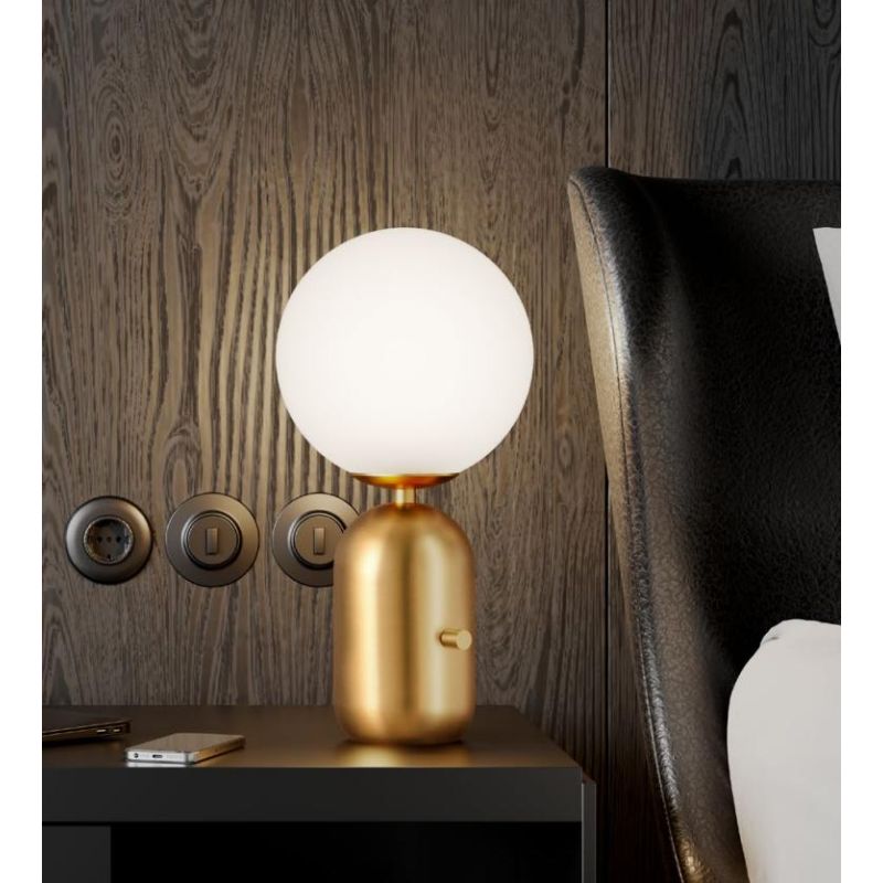 HELIOS LUMETTO ORO O NERO CON SFERA IN VETRO SOFFIATO BIANCO 2 MISURE LAMPADINA E14 O E27 MODERNO