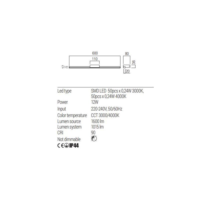 ASTON LAMPADA DA SPECCHIO CM 120-CM90-CM60 LED IP44 LUCE CCT 3000K-4000K ALLUMINIO 3 COLORI MODERNA