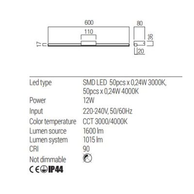 ASTON LAMPADA DA SPECCHIO CM 120-CM90-CM60 LED IP44 LUCE CCT 3000K-4000K ALLUMINIO 3 COLORI MODERNA