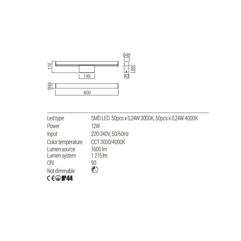 KALI LAMPADA DA SPECCHIO A LED CM 120-CM90-CM60 LUCE CCT 3000K-4000K IP44 IN ALLUMINIO 3 COLORI MODERNA