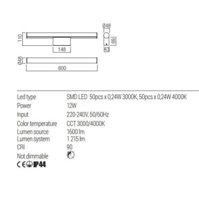 KALI LAMPADA DA SPECCHIO A LED CM 120-CM90-CM60 LUCE CCT 3000K-4000K IP44 IN ALLUMINIO 3 COLORI MODERNA