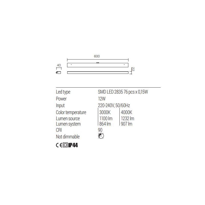 ERMES LAMPADA CON AGGANCIO A SPECCHIO CM 120-CM90-CM60 LED LUCE 3000K O 4000K IP44 IN ALLUMINIO CROMO