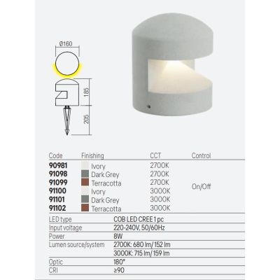 CLIFF PALETTO SEGNAPASSO DA ESTERNO IN CEMENTO 3 COLORI IP65 CON LED LUCE 2700K-3000K 2 MISURE CON PICCHETTO
