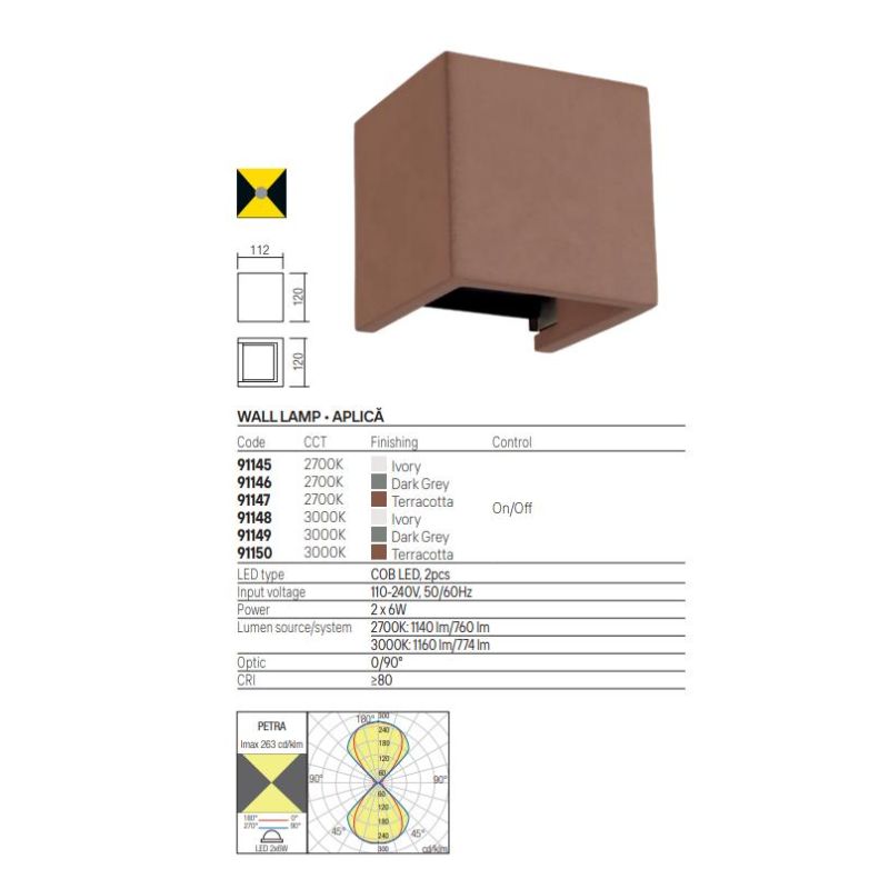 PETRA APPLIQUE CUBO 12X12 IN CEMENTO 3 COLORI IP54 LED 12W LUCE 2700K-3000K FLUSSO REGOLABILE DA ESTERNO