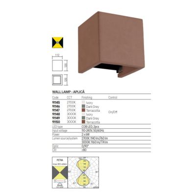 PETRA APPLIQUE CUBO 12X12 IN CEMENTO 3 COLORI IP54 LED 12W LUCE 2700K-3000K FLUSSO REGOLABILE DA ESTERNO