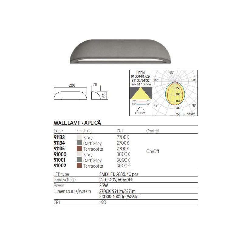 URON LAMPADA DA PARETE IN CEMENTO 3 COLORI IP65 LED INTEGRATO LUCE 2700K-3000K DA ESTERNO MODERNA