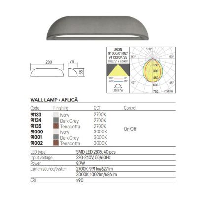 URON LAMPADA DA PARETE IN CEMENTO 3 COLORI IP65 LED INTEGRATO LUCE 2700K-3000K DA ESTERNO MODERNA