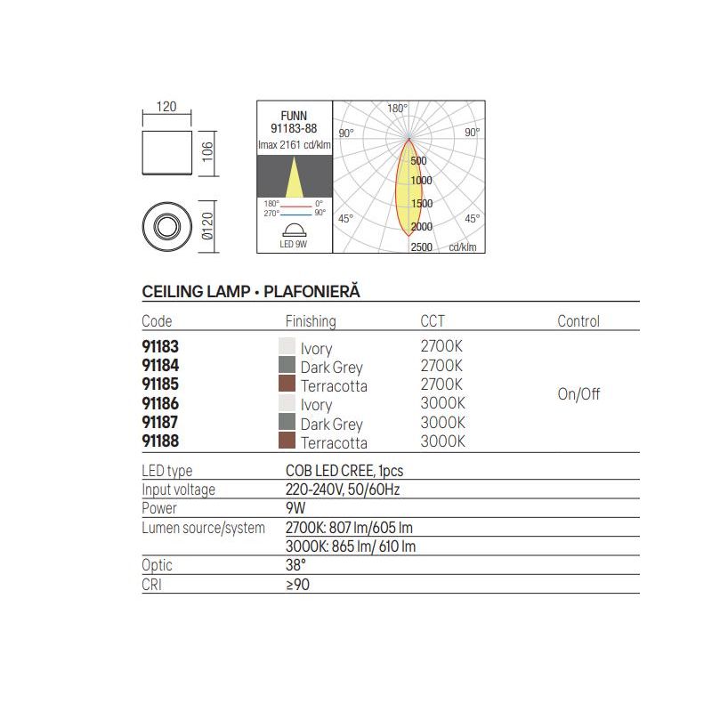 FUNN PLAFONIERA IN CEMENTO DA ESTERNO 3 COLORI IP65 LED 9W LUCE 2700K-3000K H10 CM MODERNA