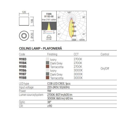 FUNN PLAFONIERA IN CEMENTO DA ESTERNO 3 COLORI IP65 LED 9W LUCE 2700K-3000K H10 CM MODERNA