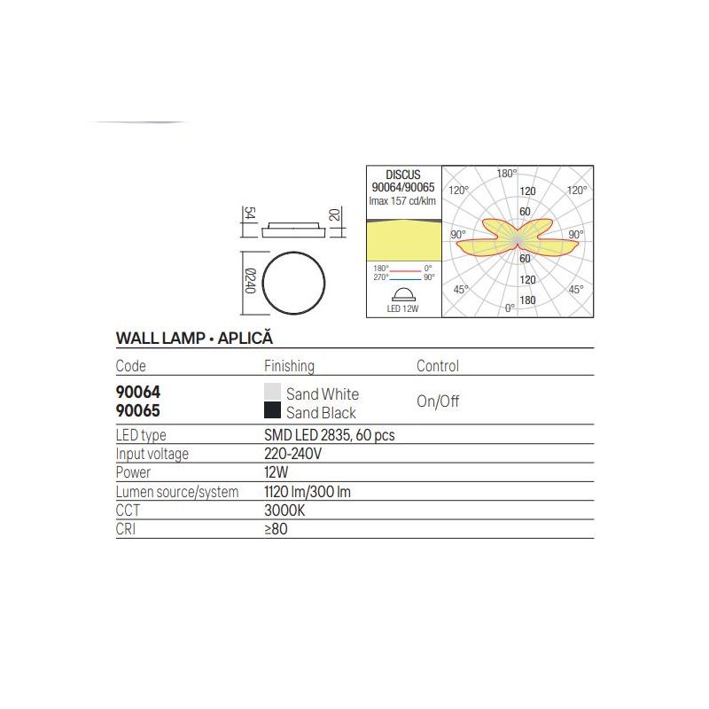 DISCUS APPLIQUE ROTONDA DA ESTERNO IP65 BIANCA O NERA LED 12W LUCE 3000K D24 CM DESIGN MODERNO