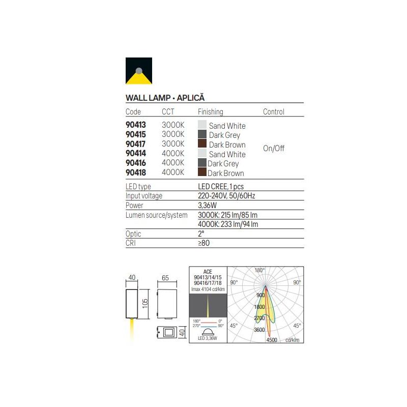 ACE APPLIQUE DA ESTERNO MONO-EMISSIONE IP54 LED 3,36W LUCE 3000K-4000K ALLUMINIO 3 COLORI MODERNA