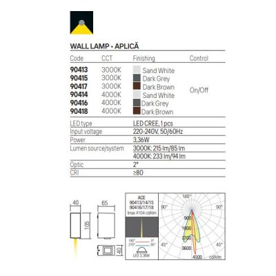 ACE APPLIQUE DA ESTERNO MONO-EMISSIONE IP54 LED 3,36W LUCE 3000K-4000K ALLUMINIO 3 COLORI MODERNA