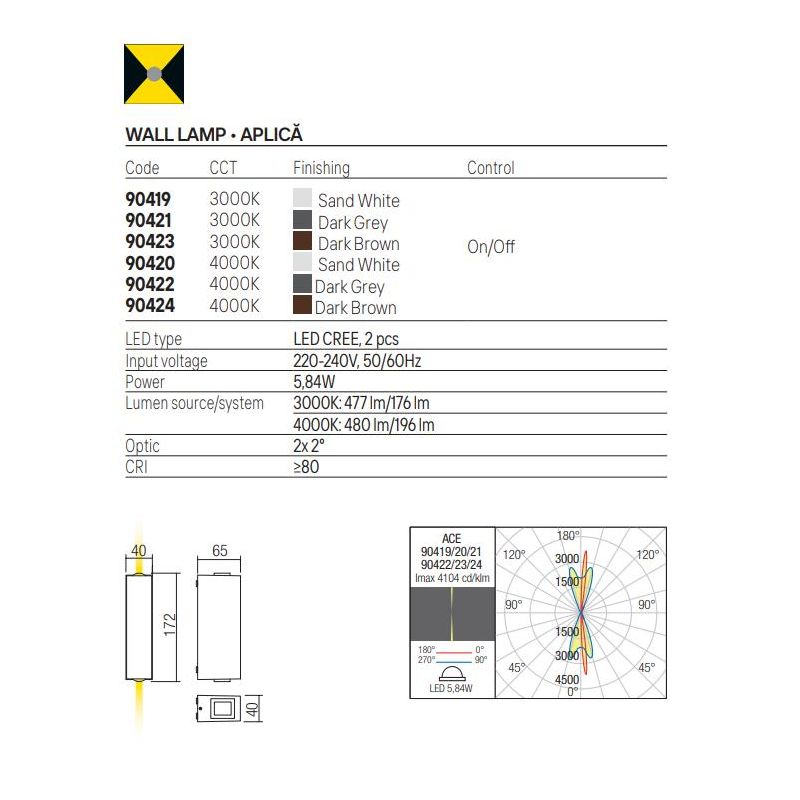 ACE APPLIQUE RETTANGOLARE DA ESTERNO BIEMISSIONE IP54 LED 5,84W LUCE 3000K-4000K ALLUMINIO 3 COLORI