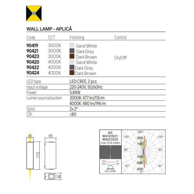 ACE APPLIQUE RETTANGOLARE DA ESTERNO BIEMISSIONE IP54 LED 5,84W LUCE 3000K-4000K ALLUMINIO 3 COLORI