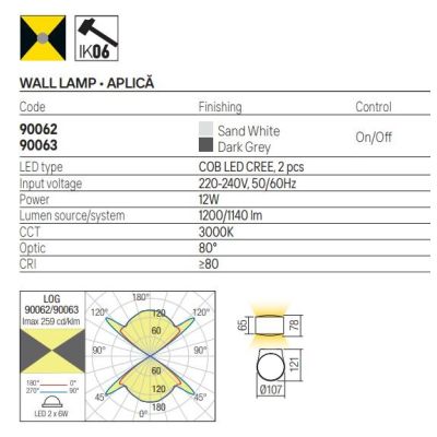 LOG APPLIQUE DA ESTERNO D10 CM BIEMISSIONE IP65 LED 12W LUCE 3000K ALLUMINIO BIANCO O ANTRACITE MODERNA