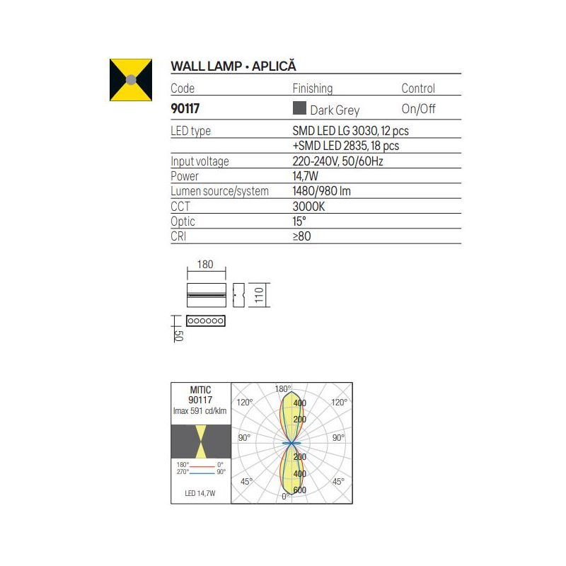 MITIC APPLIQUE DA ESTERNO GRIGIA IP54 LED 14,7W LUCE 3000K TRIPLA EMISSIONE, RETTANGOLARE MODERNA
