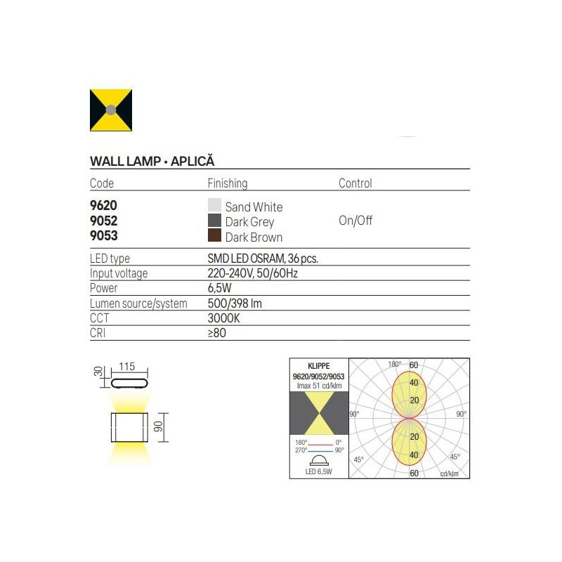 KLIPPE LAMPADA DA PARETE A LED IN 3 MISURE LUCE 3000K BIEMISSIONE IP54 ALLUMINIO BIANCO,MARRONE E ANTRACITE