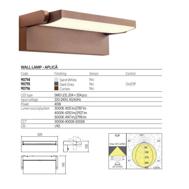 FLIP APPLIQUE ORIENTABILE DA ESTERNO A LED IP65 LUCE CCT 3000K-4000K-5000K  IN ALLUMINIO 3 COLORI