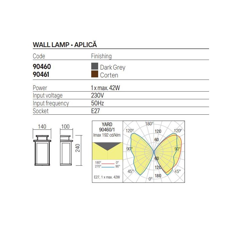 YARD MEZZA LANTERNA GRIGIA O CORTEN IP44 IN ALLUMINIO CON DIFFUSORE IN VETRO LAMPADINA ATTACCO E27