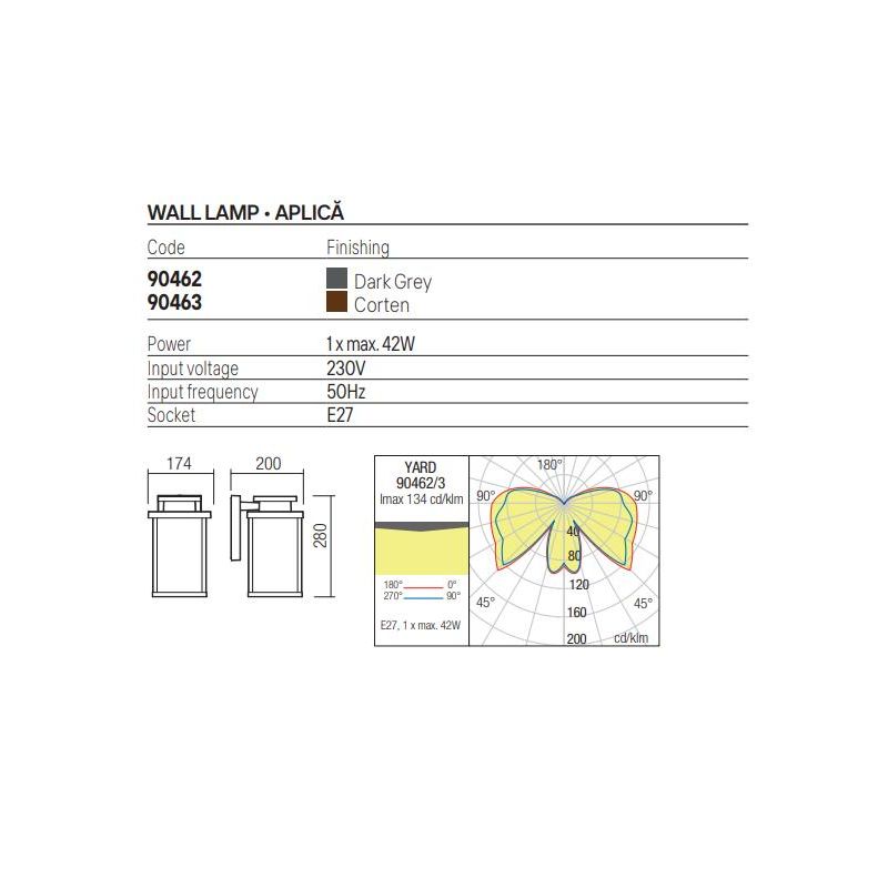 YARD LAMPADA DA PARETE GRIGIA O CORTEN IP44 IN ALLUMINIO CON DIFFUSORE IN VETRO LAMPADINA ATTACCO E27