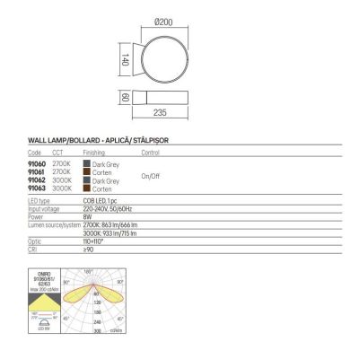 ONIRO APPLIQUE DA ESTERNO D20 CM IP65 LED 8W LUCE 2700K-3000K ALLUMINIO ANTRACITE O CORTEN MODERNA