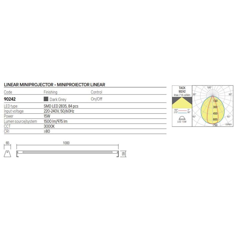 TACK LAMPADA ORIENTABILE DA ESTERNO IP65 LED 15W LUCE 3000K LUNGHEZZA 100 CM IN ALLUMINIO ANTRACITE