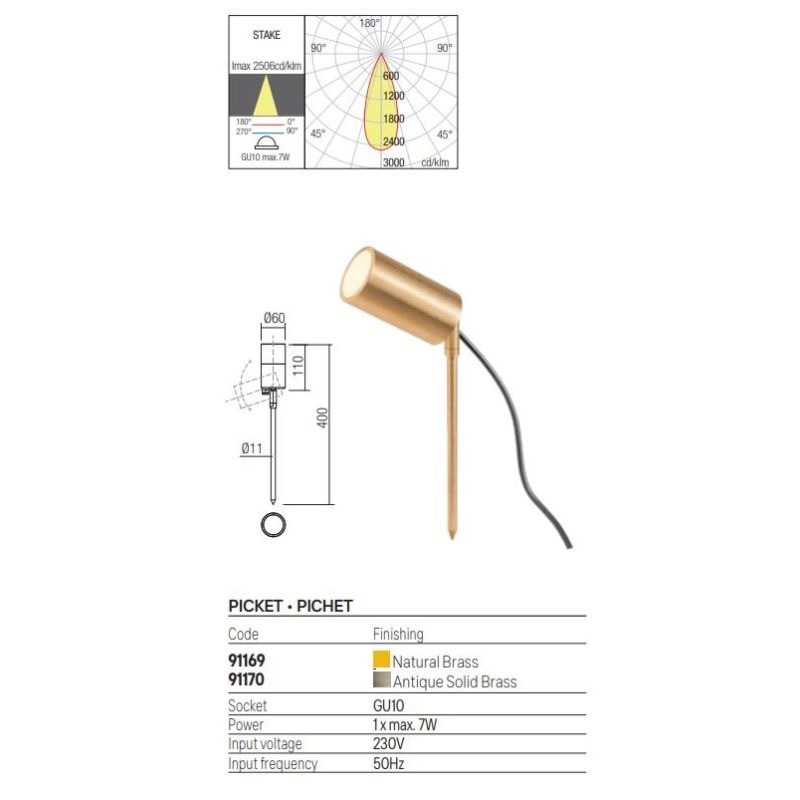 STAKE PALO CON LUCE ORIENTABILE IN OTTONE IP65 ANTI SALSEDINE 2 COLORI E IN 2 MISURE LAMPADINA ATTACCO GU10