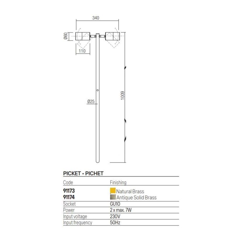 STAKE PALO A 2 LUCI ORIENTABILI IN OTTONE IP65 ANTI SALSEDINE 2 COLORI CON LAMPADINE ATTACCO GU10