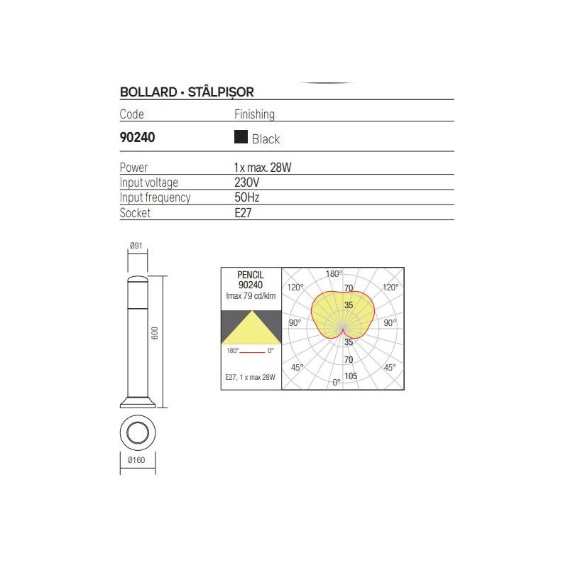 PENCIL PALO DA GIARDINO H60 CM IN ABS NERO IP44 ANTI SALSEDINE LAMPADINA ATTACCO E27 MODERNO