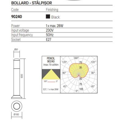PENCIL PALO DA GIARDINO H60 CM IN ABS NERO IP44 ANTI SALSEDINE LAMPADINA ATTACCO E27 MODERNO