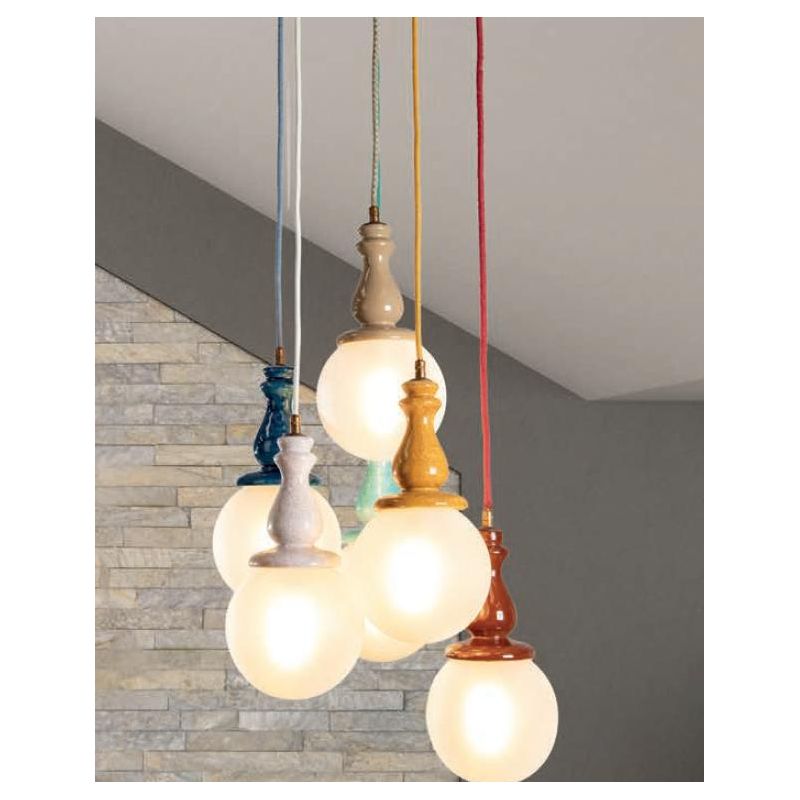 SOSPENSIONE 6 LUCI MADE IN ITALY D35 CM IN TERRACOTTA COLORATA CON SFERE IN VETRO D15 CM DELLA IMAS FIRENZE