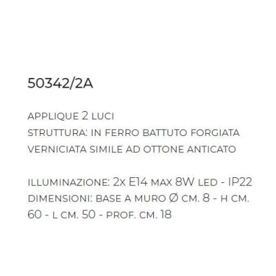 APPLIQUE 2 LUCI IN FERRO BATTUTO FINITURA OTTONE ANTICATO MADE IN ITALY DELLA IMAS FIRENZE STILE RUSTICO