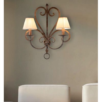 APPLIQUE 2 LUCI IN FERRO BATTUTO FINITURA OTTONE ANTICATO CON PARALUMI MADE IN ITALY IMAS FIRENZE RUSTICA