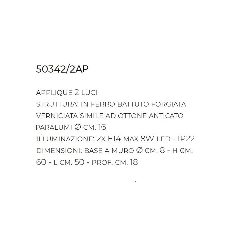 APPLIQUE 2 LUCI IN FERRO BATTUTO FINITURA OTTONE ANTICATO CON PARALUMI MADE IN ITALY IMAS FIRENZE RUSTICA