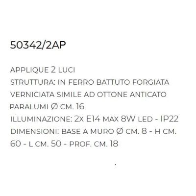 APPLIQUE 2 LUCI IN FERRO BATTUTO FINITURA OTTONE ANTICATO CON PARALUMI MADE IN ITALY IMAS FIRENZE RUSTICA