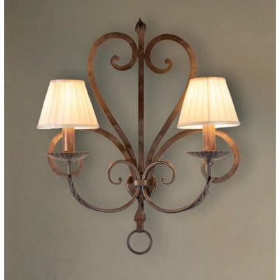 APPLIQUE 2 LUCI IN FERRO BATTUTO FINITURA OTTONE ANTICATO CON PARALUMI MADE IN ITALY IMAS FIRENZE RUSTICA