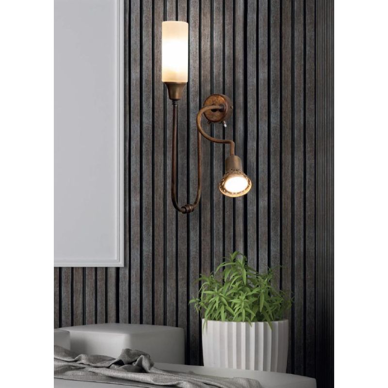 LAMPADA DA PARETE A 2 LUCI IN OTTONE CON BRACCIO FLESSIBILE DIFFUSORE A CILINDRO IN VETRO MADE IN ITALY IMAS