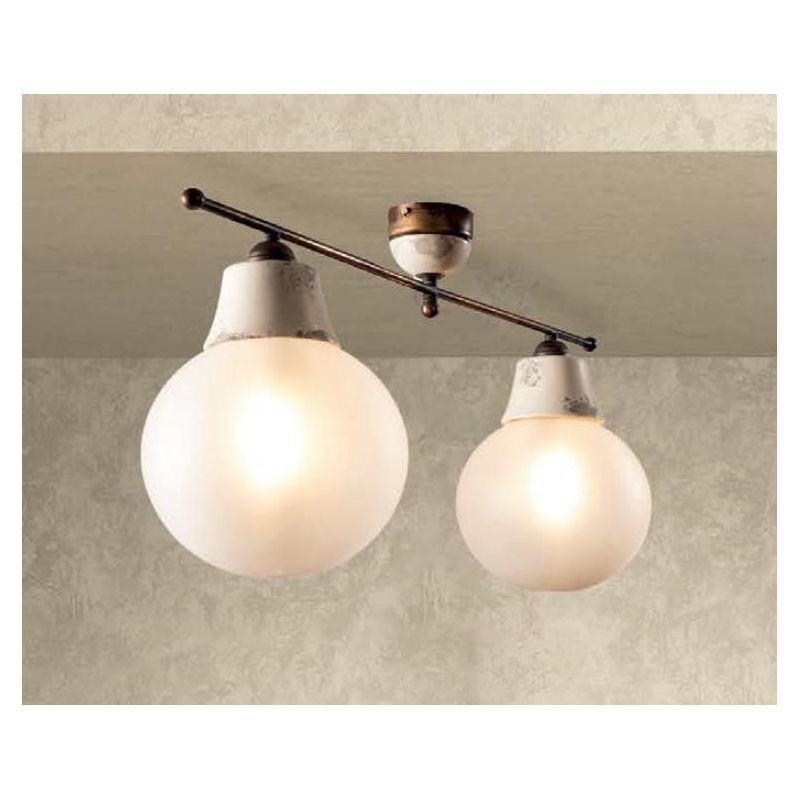PLAFONIERA LINEARE 2 LUCI IN OTTONE INVECCHIATO E TERRACOTTA DECORATA CON SFERE IN VETRO MADE IN ITALY